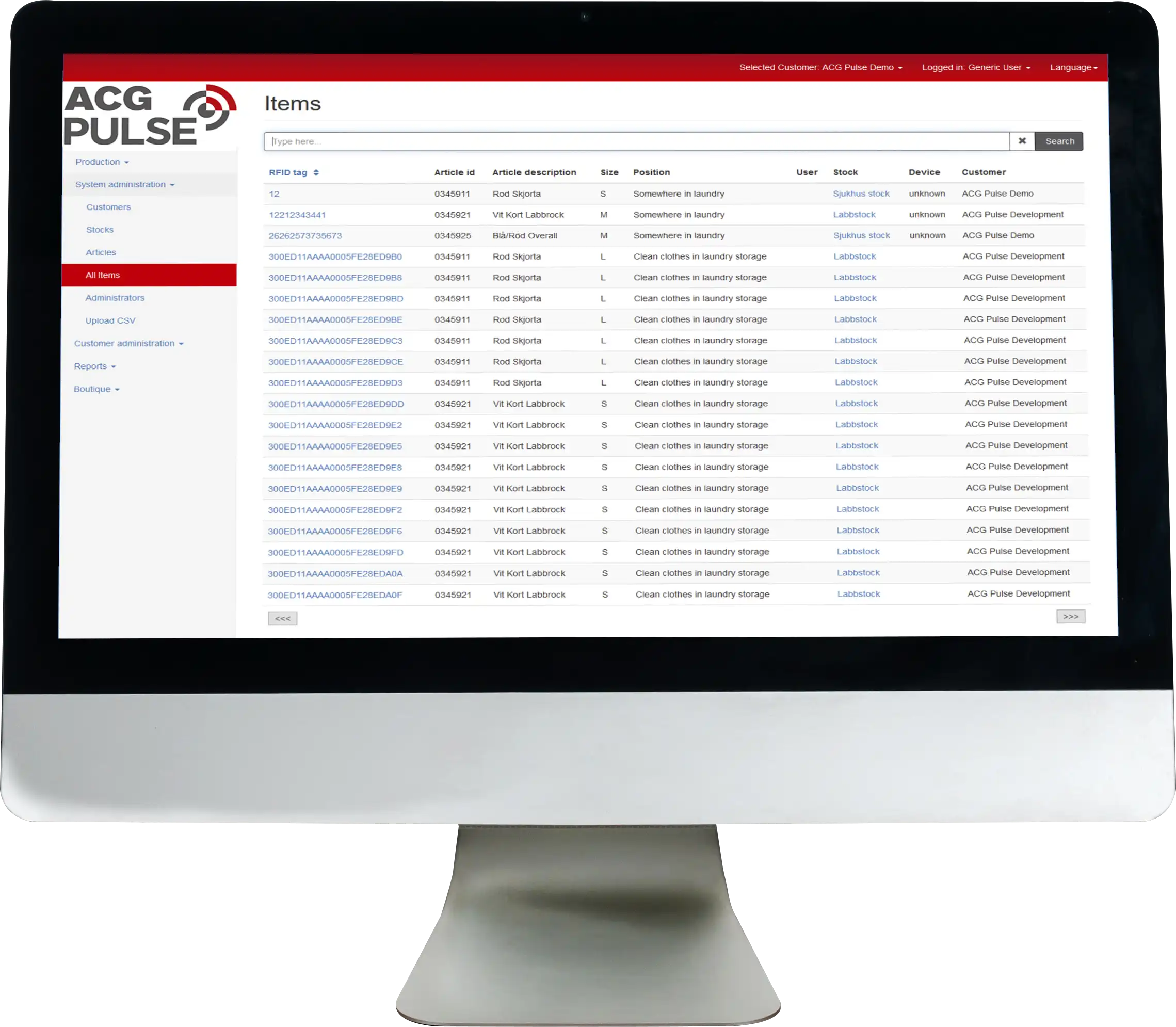 Dataskärm med Q-Web® som är ett webbaserat logistikprogram för artikelhantering från ACG Pulse