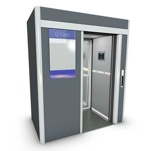 An open gray Q-Gate with blue display for controlled retrieval of work clothes in unmanned areas. Q Gate is an RFID-based logistics system for inventory management.