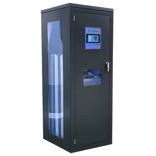 A smart vending machine for smaller items gloves, PPE etc. Steel grey metal machine with blue display. PPE dispensing machine with or without RFID.