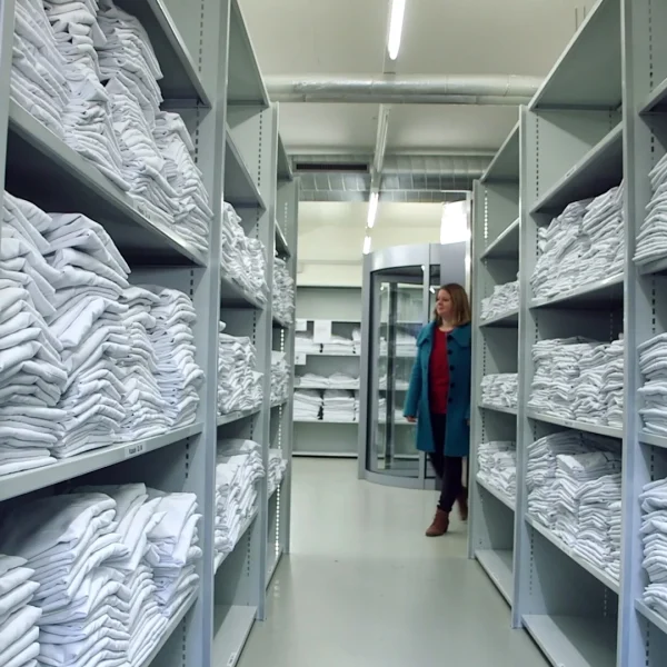 kvinna vid lagerhyllor på ett sjukhus i Schweiz. Kontrollerat uttag av arbetskläder i början av arbetspasset från obemannat lager. Lagersaldo läses in i realtid när kvinnan lämnar lagret med sina valda kläder.