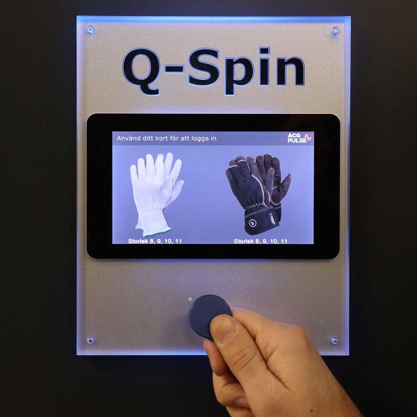 Q-Spin display showing that It is easy to log in with RFID tag. Get access to items 24/7.