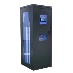 Smart vending machine with blue display and blue lights. Used for dipensing of gloves and other small items.